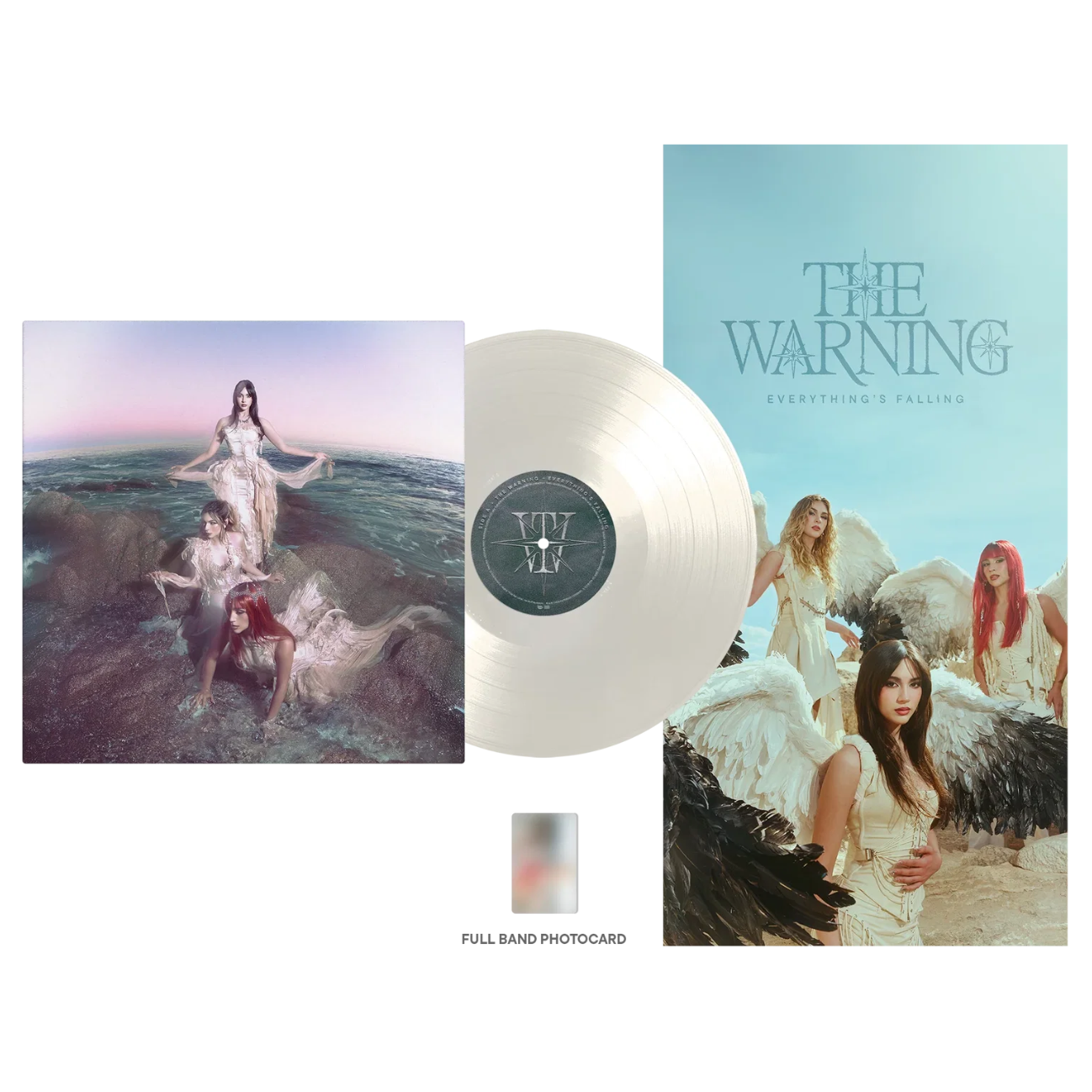 The Warning - Everything's Falling (Feather) Vinyl A vinyl record and album packaging set for 'Everything's Falling' by The Warning, featuring a pale translucent white record, a square album cover with figures in water, a larger rectangular cover with angels on a beach, and a small full-band photocard on a white background.
