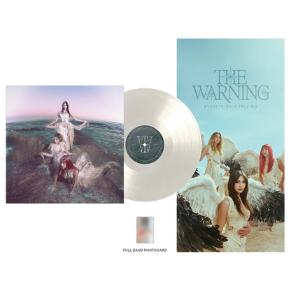 The Warning - Everything's Falling (Feather) Vinyl A vinyl record and album packaging set for 'Everything's Falling' by The Warning, featuring a pale translucent white record, a square album cover with figures in water, a larger rectangular cover with angels on a beach, and a small full-band photocard on a white background.