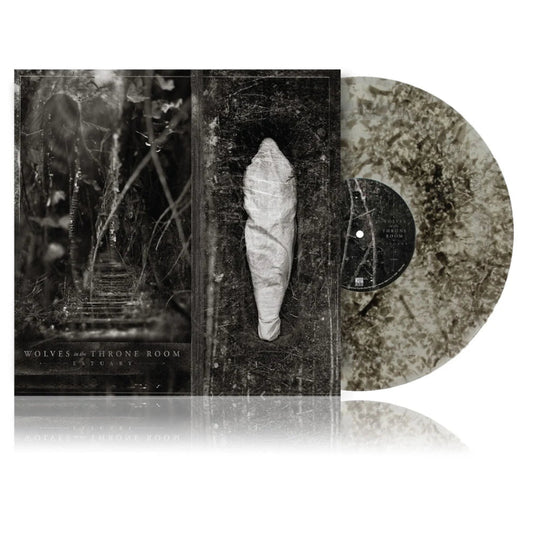 Wolves In The Throne Room - Estuary (Clear Black Dust) Vinyl A vinyl record album shown with its sleeve and inner gatefold cover on a white background. The artwork is monochrome and distressed, featuring a mummy-like figure on the inner cover, and the vinyl disc itself has a mottled sepia-toned appearance.